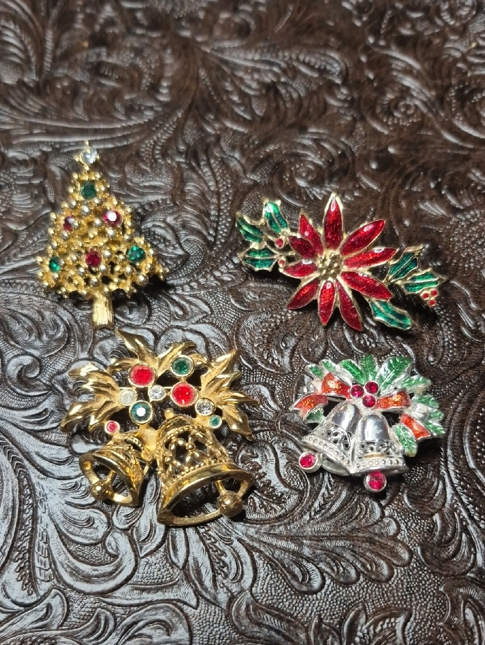 Gold-Tone Holiday Poinsettia and Bell Brooch Set - Red & Green Accents